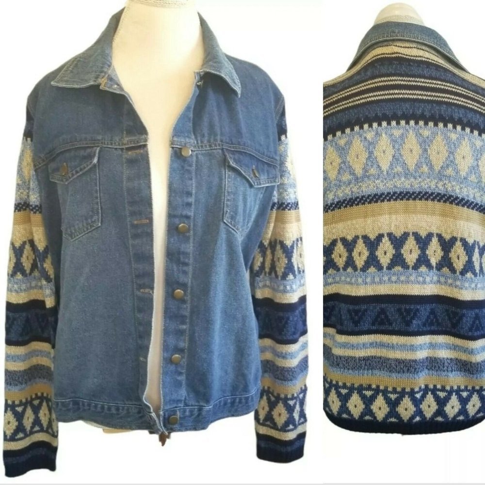 Vintage 90s Aztec Tribal Knit Jean‎ Jacket Sz Large Blue Tan